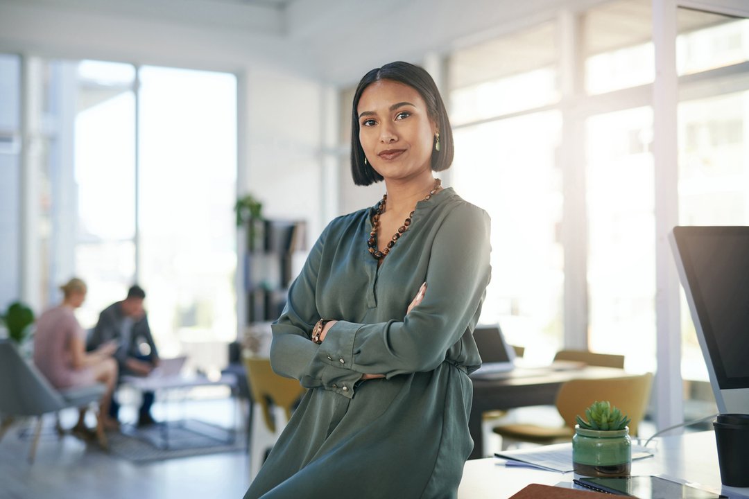 business woman in sleek modern office building